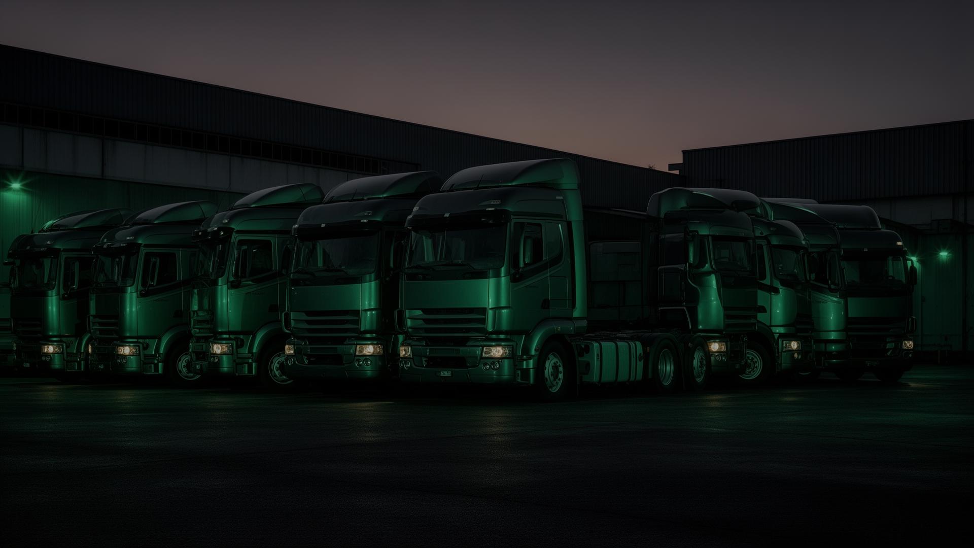 Fleet of industrial trucks at dusk